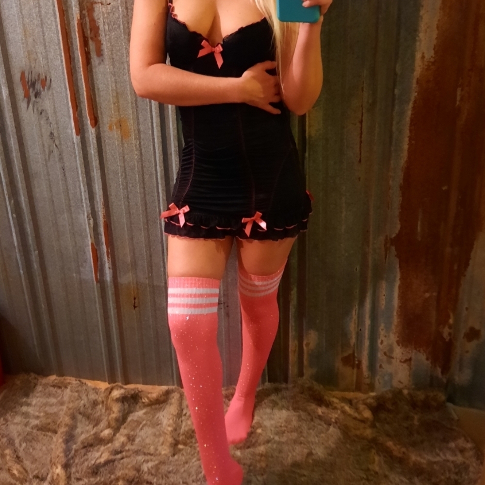 Neon Pink Rhinestone Thigh High Socks - Picture 10 of 17